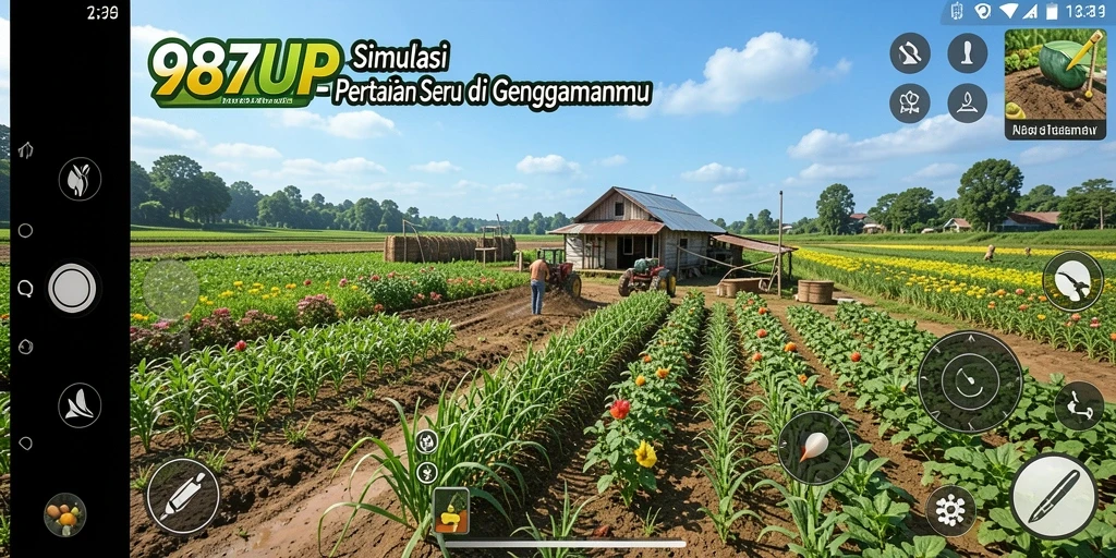 Gameplay seru 987UP yang menampilkan dunia pertanian yang indah.