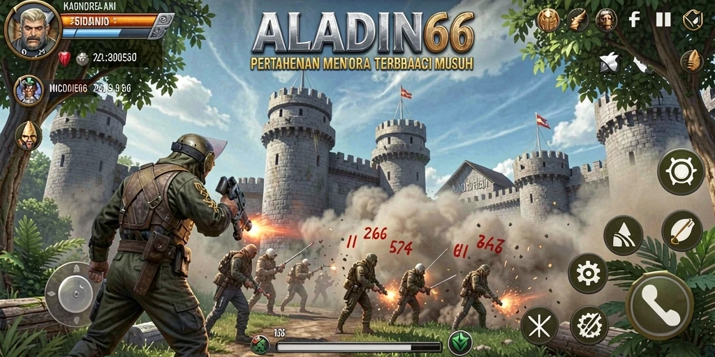Tangkapan layar gameplay intens di ALADIN66 dengan menara yang melawan musuh.