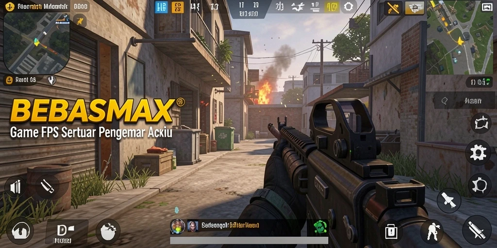 Tangkapan layar dari gameplay seru BEBASMAX dengan aksi FPS dramatis.