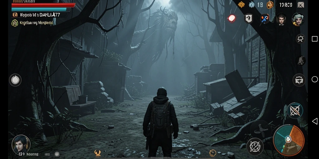 Screenshot gameplay DAHLIA77 menampilkan suasana horor yang mencekam.