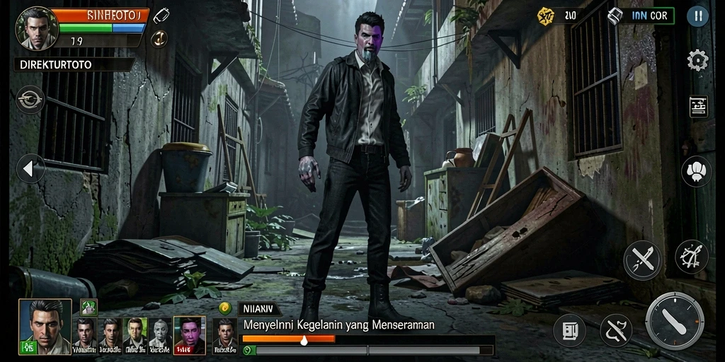 Tampilan gameplay menegangkan dari DIREKTURTOTO saat menjelajahi lorong gelap.
