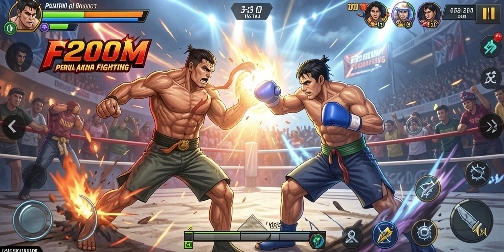 Screenshot F200M yang menunjukkan aksi pertarungan epik dalam arena.