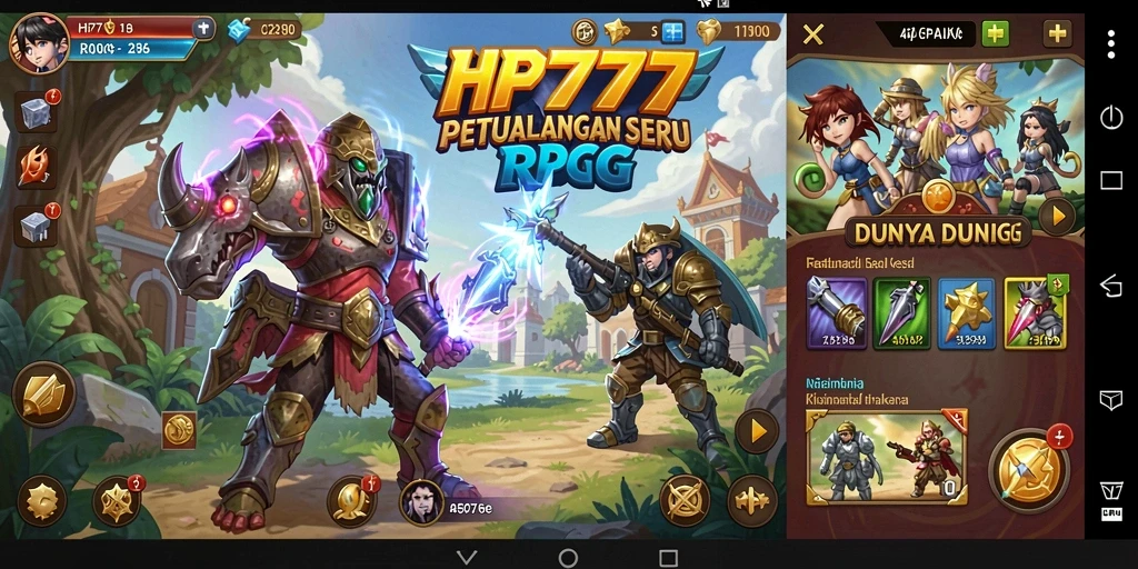 Screenshot gameplay RPG HP777 menampilkan pertarungan epik dan karakter yang beragam.
