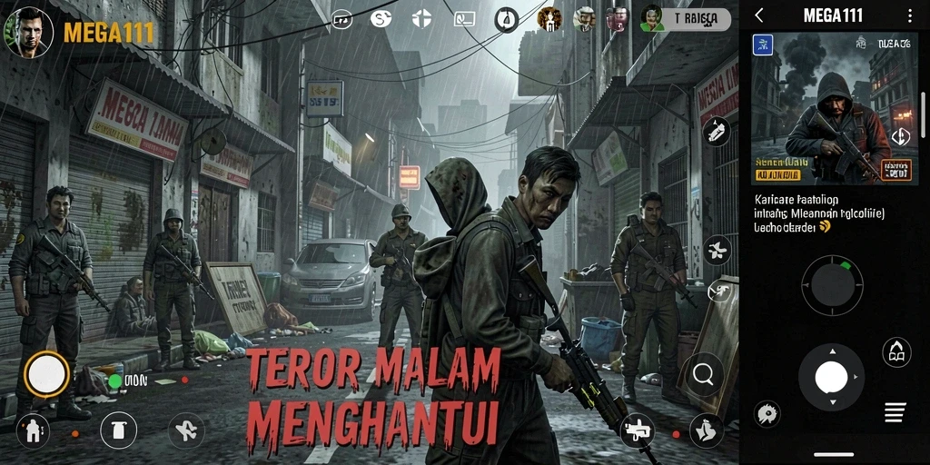 Screenshot gameplay MEGA111 menampilkan suasana horor yang mencekam.