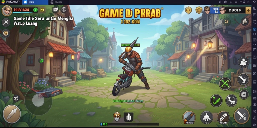 Tampilan gameplay PAKARJP menunjukkan karakter yang mengumpulkan sumber daya secara otomatis.