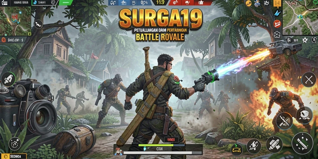 Gameplay mendebarkan dalam SURGA19 saat pemain bertarung di arena Battle Royale.